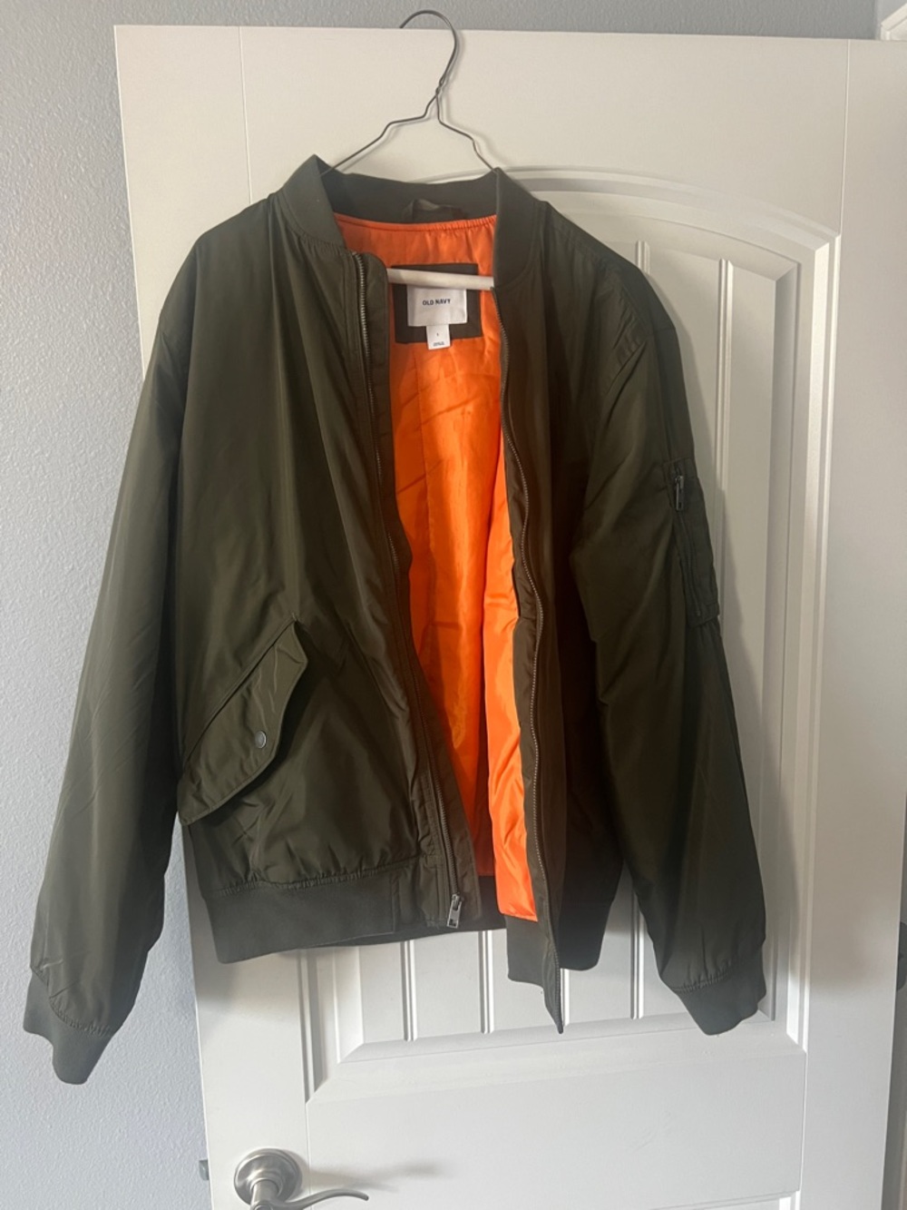 Old Navy Olive Green Bomber Jacket with Bright Orange Lining